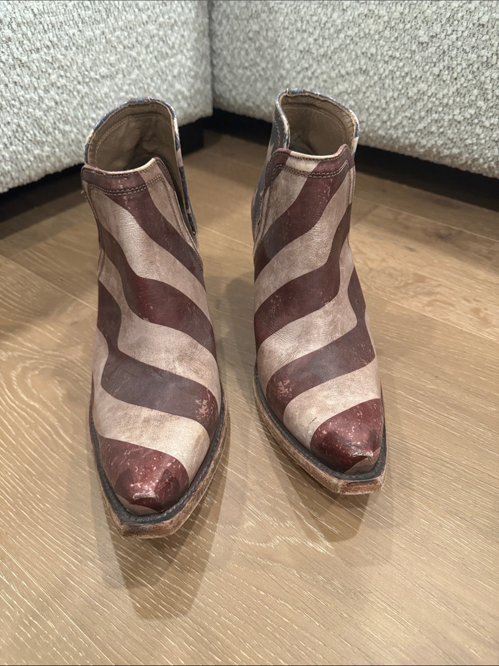Ariat Striped Pointed-Toe Ankle Boots in Burgundy and Cream